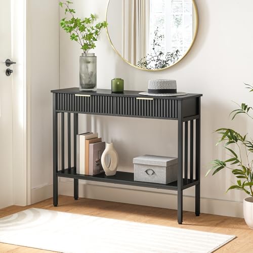 MAHANCRIS Console Table, Narrow Long Entry Table with Storage Shelf, 2-Tier Fluted Entryway Table with 2 Drawers, for Entryway, Living Room, Foyer, Hallway, Office, Black CTHB5101 MAHANCRIS