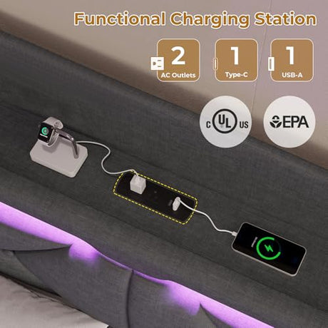 BTHFST Floating Bed Frame Full Size with Type-C Charging Station & Storage Headboard, RGB Floating Platform Bed, No Box Spring Needed, Wooden Slats Support, Dark Grey BTHFST