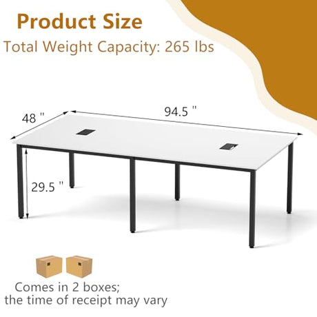 Nightcore Rectangle Conference Table for 10, 8 ft Large Seminar Table with 2 Cable Grommets, Modern Industrial Office Computer Desk with Metal Legs for Boardroom, Meeting Room, White Goplus