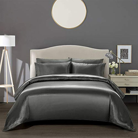AiMay 3 Piece Satin Duvet Cover Set Bedding Sets Luxury Rich Silk Silky Super Soft Solid Color Reversible Stain-Resistant Wrinkle Free (Queen, D-Grey) AiMay