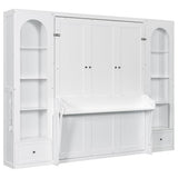 GDFStudio Queen Size Murphy Bed Frame with Shelves, Side Cabinets, Drawers & LED Lights, French Style Wall Bed with Desk, Solid Pine Wood & MDF Space-Saving Furniture, White GDFStudio