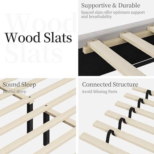 Yaheetech Beige Queen Upholstered Platform Bed with Wing Headboard & Wooden Slat Support Yaheetech