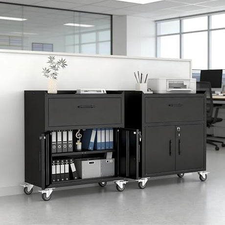 Metal Storage Cabinets Locker with Shelves and Drawer, Metal Rolling Storage Cart, Adjustable Shelf, Tool Organizer for Garage Warehouse, Black, 35" H x 30" W x 18" D Metallitrend