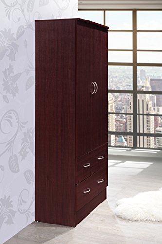 HODEDAH 2 Door Wood Wardrobe Bedroom Closet with Clothing Rod inside Cabinet and 2 Drawers for Storage, Mahogany Hodedah