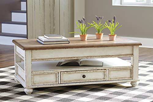 Signature Design by Ashley Realyn Vintage Farmhouse Rectangular Lift Top Coffee Table with Storage Drawer, White & Brown Signature Design by Ashley
