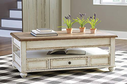 Signature Design by Ashley Realyn Vintage Farmhouse Rectangular Lift Top Coffee Table with Storage Drawer, White & Brown - WoodArtSupply