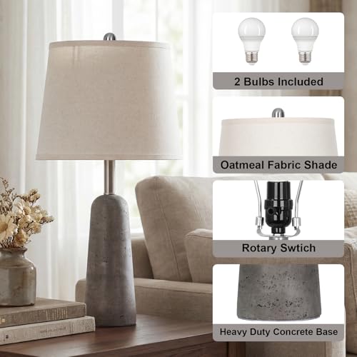 Rinweey 24" Modern Concrete Table Lamps Set of 2, Faux Stone Bedside Lamps for Bedroom, Travertine Inspired Nightstand Lamps for Living Room End Table, Gray (2 LED Bulbs Included) Rinweey