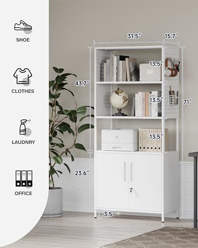 Yizosh 5-Tier Bookshelf, Tall Bookcase with Doors, Modern Display Cabinet with Lock & Pegboard, Metal Storage Organizer Shelves for Living Room, Bedroom, Home Office (White)