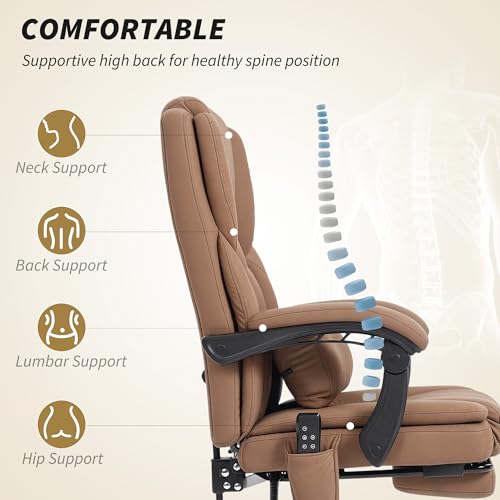 HOMCOM Massage Office Chair with 6 Vibration Points, Pet-Friendly Faux Leather, Reclining Desk Chair with Lumbar Support, Footrest, Adjustable Height, Swivel Wheels, Remote, Brown HOMCOM