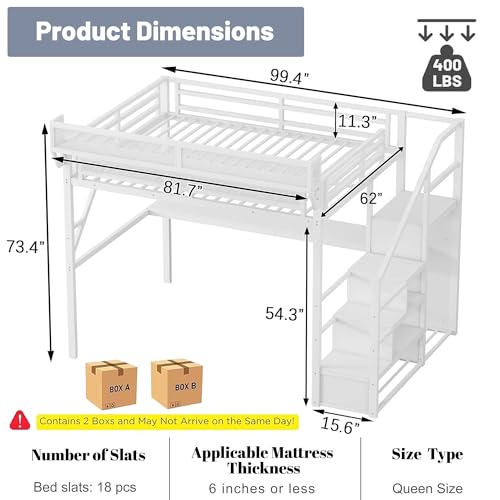 MoproBeti Queen Loft Bed with Desk and Stairs, Metal Lofts Bed Queen Size with Upper Storage Shelf, Gaming LoftBed with LED, Charging Station and Wardrobe for Teens, Adults,White MoproBeti