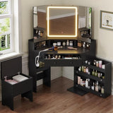 HAUOMS Corner Vanity Desk with Mirror and Lights, Power Outlet & Rotating Shelves, Makeup Vanities with Storage Bench, Drawers, 3 Light Settings, Dimmable for Women Girls, Black HAUOMS
