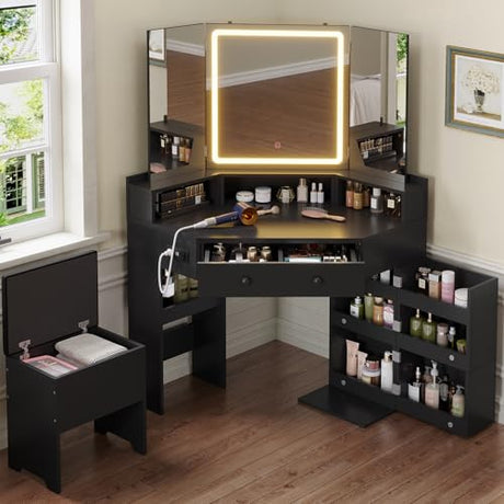 HAUOMS Corner Vanity Desk with Mirror and Lights, Power Outlet & Rotating Shelves, Makeup Vanities with Storage Bench, Drawers, 3 Light Settings, Dimmable for Women Girls, Black HAUOMS