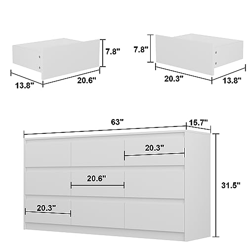 Hitow 9 White Drawer Dressers, Modern Large Dresser for Bedroom Organize, Wooden Long Dresser with 9 Handle Free Drawers, Storage Chest of Drawers for Living Room Home Office (63" W) - WoodArtSupply