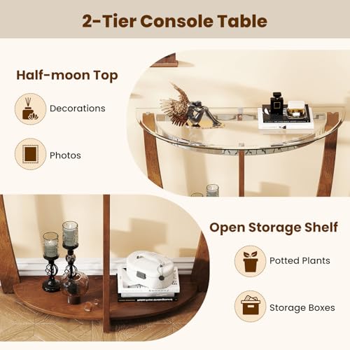BECOMFORT Glass Console Table, Half Moon Entryway Table with Tempered Glass Top & Solid Rubberwood Legs, Modern Hallway Table, Behind Couch Sofa Table for Living Room, Entry, Porch (Walnut) BECOMFORT