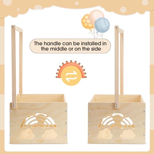 Yerliker Wooden Baby Shower Crate Closet Baby Shower Gifts Basket Baby Storage Crate Hamper with Handle Personalized Basket for Newborn Boys Girls Pregnancy Gifts(Wood Color, Cloudy, Rainbow) Yerliker