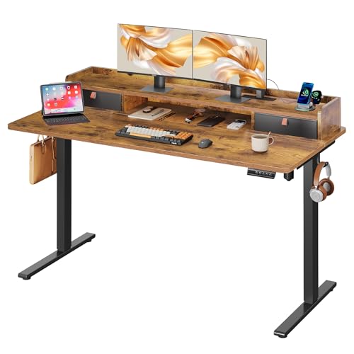 DEVAISE 55×28 Inch Electric Standing Desk with Drawers, Computer Desk with 3 Adjustable Height, Storage Shelf, Built-in USB Outlets and Memory Preset, Sit to Stand Desk for Home Office, Rustic Brown DEVAISE