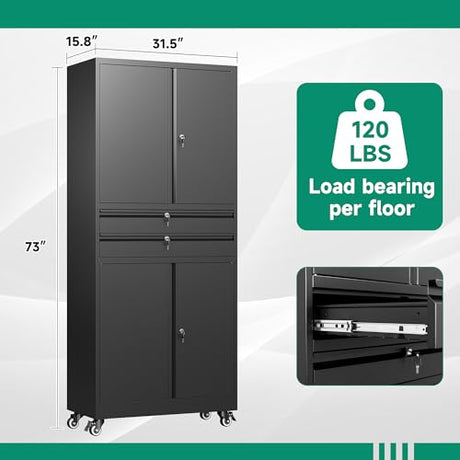 Letaya Metal Garage Storage Cabinet with Wheels,Rolling Tool Cabinet with 4 Door Lock-Adjustable Shelves and 2 Drawer for Garage Home Office Utility Room (Black with Wheels) Letaya