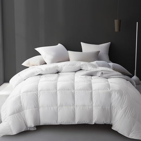 Hotel Grand Luxury White Goose Feather Down Fiber Comforter Full Queen Size, 100% Cotton All Season Duvet Insert Queen, Medium Warmth Bedding Comforter with 8 Corner Loops, White 90x90 Inch Hotel Grand