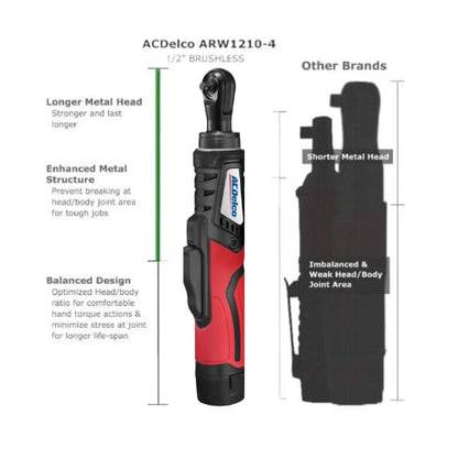 ACDelco ARW1210-4P G12 Series 12V Cordless Li-ion ½” 70 ft-lbs. Brushless Ratchet Wrench Tool Kit - WoodArtSupply