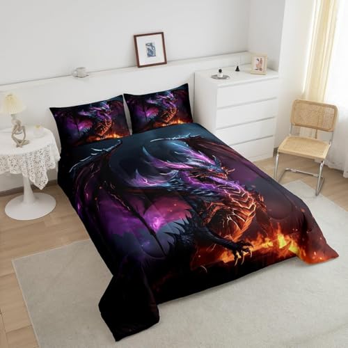 Erosebridal 3D Dragon Bedding Set King Magical Wildlife Comforter Set, Wild Animal Bedding Comforter Sets Gradient Lightning Down Comforter, Glowing Fire Duvet Insert Boys Girls Funny Home Decoratives Erosebridal