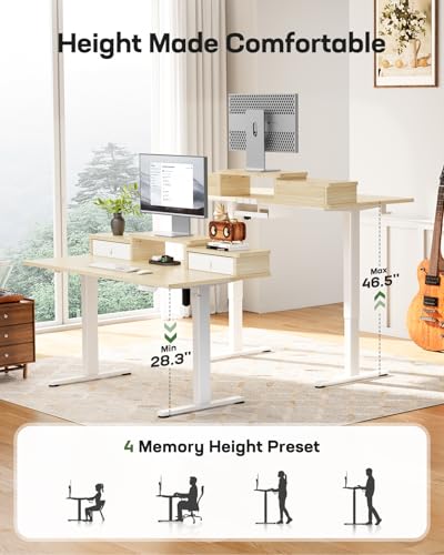 Marsail Electric Standing Desk with Drawers, 55″ x 28″ Height Adjustable Sit Stand Up Desk with Storage Shelf, Ergonomic Home Office & Computer Table with 4 Memory Heights, Maple Marsail