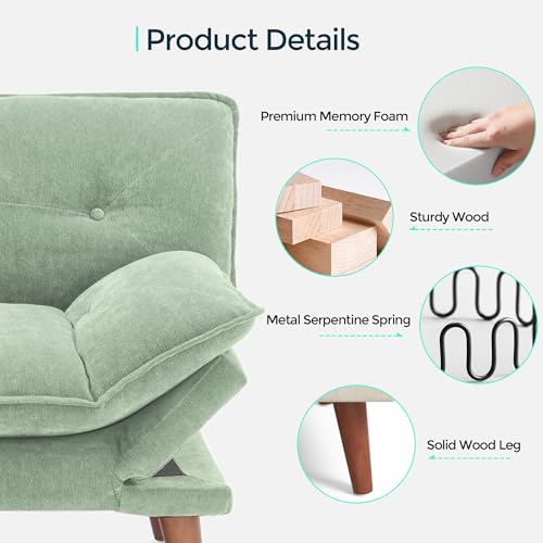 LINSY HOME Futon Sofa Bed, 70" Chenille Futon Couch with Adjustable Backrest Armrest, 3 in 1 Convertible Comfy Loveseat Sleeper Sofa Bed for Small Spaces Dorm Room Apartment Home Office, Light Green LINSY HOME