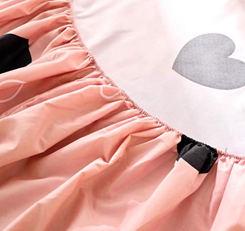 Girls Cute Heart Pattern Fitted Sheet for Kids Queen Size Lovely Pink Black Bedroom Decor Bed Sheet Set Girly Cartoon Love Geometric Bedding Set Children Modern Design Bed Cover with 2 Pillow Case Feelyou