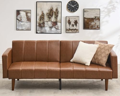 GarveeHome 75 in Futon Sofa Bed Mid-Century Futon Couch, PU Leathe Convertible Sleeper Couch with Adjustable Backrest, Loveseat and Side Pockets for Living Room & Bedroom (Brown) GarveeHome