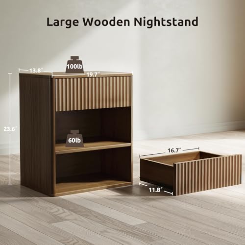 Nightstand Bedside Table Storage Drawer - Large Mid Century Modern Night Stand with Fluted Wood Storage Drawer and Open Shelf Bed Side Table for Bedroom Study Room, Walnut Brown, Set of 1 Lazzanto