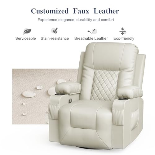FURNIMAT Recliner Chairs for Adults, Massage Rocker with Heated Modern Ergonomic Lounge 360 Degree Swivel Single Sofa Seat Living Room Lounge Recliners Ivory White