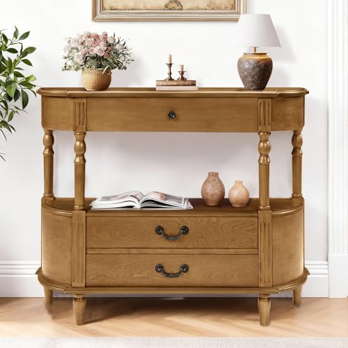 BFJDM 43" Retro Curved Console Table with Drawers, Solid Wood Half Moon Console Table Entry Sofa Table with Storage with Solid Pine Roman Legs Open Shelf for Small Spaces Living Room,Brown BFJDM