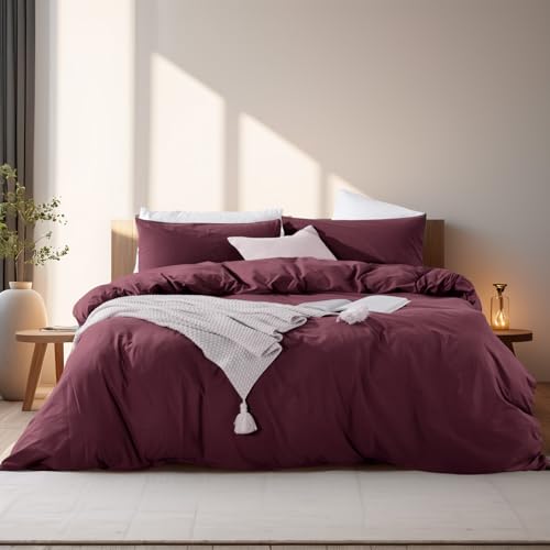 NEXHOME PRO Duvet Cover Set King Size Linen Look Textured Organic Natural 100% Washed Cotton Duvet Cover Burgundy Dark Red 3 Pieces Bedding Set with Zipper, Breathable, Soft (No Comforter) NEXHOME PRO