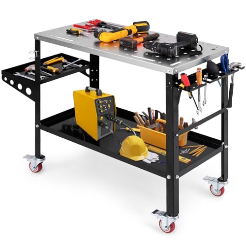 Goplus Rolling Welding Table, 1200 lbs Welding Workbench Table Top w/4 Lockable Wheels, Tool Rack & Tray, 5/8” Holes, 8 Tool Slots, 2 Nozzle Holders, 36” x 18” Welding Fixture Table for Shop  - WoodArtSupply