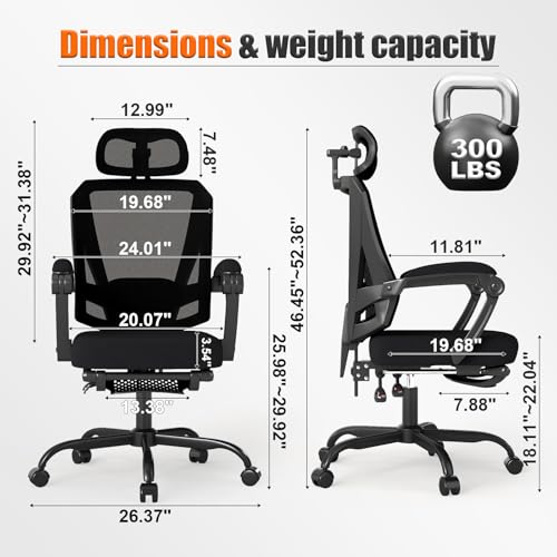 Hihady Ergonomic Office Chair with Footrest, High Back Swivel Mesh Desk Chair, Big and Tall Rolling Computer Chair with Headrest, Lumbar Support, 3-Level Tilt Backrest for Home, Bedroom, Work Hihady
