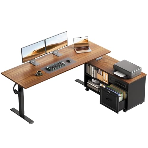 OffiGo 55 Inch L Shaped Electric Standing Desk with Drawers & File Cabinet Sets, Executive Sit Stand Desk, Height Adjustable Computer Desk for Home Office, Writing, Workstation, Walnut+Black OffiGo