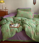 VM VOUGEMARKET Green Duvet Cover Set Full,Lily Flower Jacquard Duvet Cover with 2 Pillowcases 3Pcs Yarn-Dyed Linen Cotton Green Purple Bedding Set for Teens Girls Without Comforter-80 x90 VM VOUGEMARKET