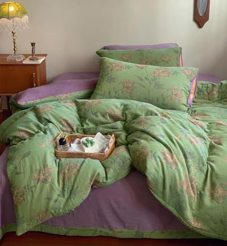 VM VOUGEMARKET Green Duvet Cover Set Full,Lily Flower Jacquard Duvet Cover with 2 Pillowcases 3Pcs Yarn-Dyed Linen Cotton Green Purple Bedding Set for Teens Girls Without Comforter-80 x90 VM VOUGEMARKET