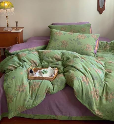 VM VOUGEMARKET Linen Cotton Jacquard Duvet Cover Queen,3 Pcs Yarn-Dyed Textured Duvet Cover Set Green Purple Floral Bedding Breathable, Natural Wrinkled Look-No Comforter VM VOUGEMARKET
