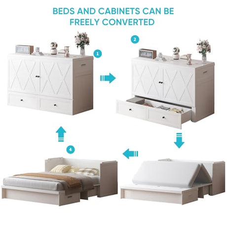 CECER Queen Size Murphy Bed with Tri-Folding Mattress，Murphy Bed with Charging Station and Two Large Storage Drawers for Small Spaces/Bedroom（White）-Mattress Include CECER