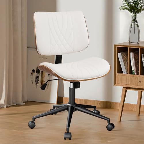 CLATINA Armless Home Office Chair, Desk Chair with Wheels, Adjustable Height Reading Chair, Leather Mid Back & Swivel Computer Chair, Modern Walnut Chairs with Back for Studio Meeting Room(White) CLATINA