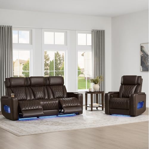 Watson & Whitely Genuine Leather Power Recliner Chair with Power Headrest, Lay Flat Home Theater Recliner with LED Lighting, Massage & Heat, Arm Storage & Cup Holders for Living Room, Brown