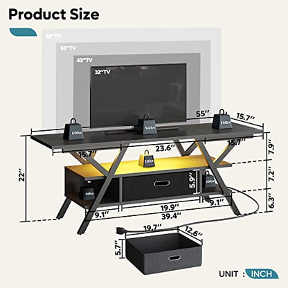 Bestier LED TV Stand with Power Outlets for 65 Inch TV, 55 inch Entertainment Center with Removable Drawer for Living Room Bedroom, Gaming TV Stand 20 Dynamic RGB Modes, Carbon Fiber Black