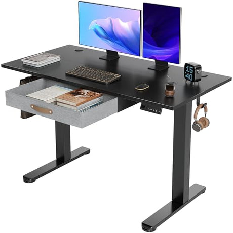 Seang Standing Desk with Drawer, 48" x 24" Height Adjustable Stand Up Desk, 3 Memory Height Settings with Cable Grommets & Storage Hooks, Ideal for Home & Office, Black Seang