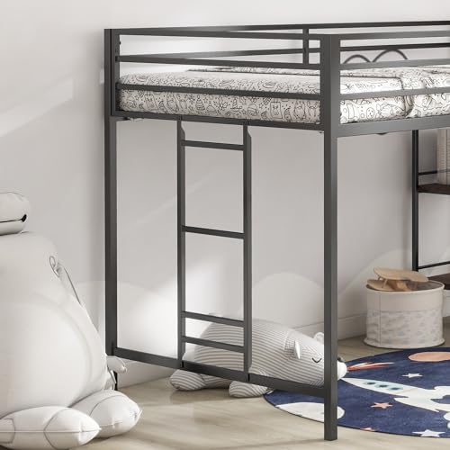 LOPOO Twin Loft Bunk Bed with Cinnamon Wood Shelf and Black Metal Frame - Stylish Space-Saving Solution for Kids - WoodArtSupply