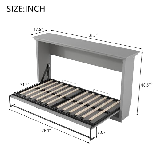 SOFTSEA Twin Size Horizontal Murphy Bed, Cabinet Murphy Bed for Guestroom Home Office Small Room, Solid Wood Wall Bed Frame Foldable Space-Saving, Can Be Folded into a Cabinet, Gray SOFTSEA