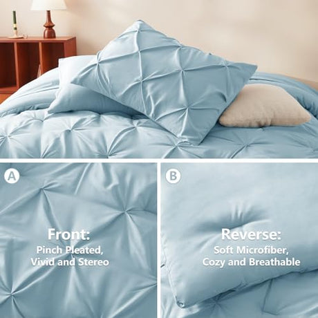 CozyLux Queen Comforter Set Light Blue, 7 Pieces Pintuck Bed in A Bag, Premium Blue Comforter Queen Size, Pinch Pleat Bedding Sets with Comforter, Sheets, Pillowcases & Shams CozyLux