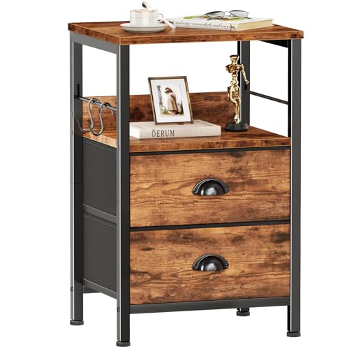 Furologee Nightstand with 2 Fabric Drawers, Night Stand with 2-Tier Shelf, Bedside Table with Hooks, Open Wooden Shelf, End Table for Bedroom, Backboard Design, Metal Frame, Rustic Brown Furologee