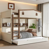 Bellemave Queen Over Queen Bunk Bed with Trundle & Hooks, Wooden Floor Bunk Beds Frame with Storage Shelves & Ladder for Kids Teens, Beige+Natural Bellemave