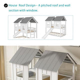 Merax Twin-Over-Twin Wooden House Bunk Bed with Slide, Windows, Ladder and Guardrails, Twin Size White House Bunk Bed Merax
