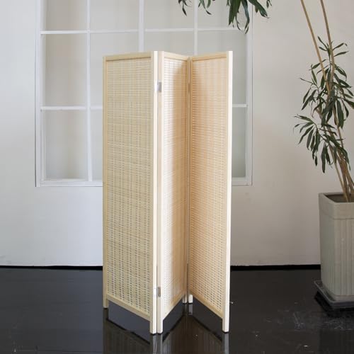 Loomveil 3 Panel Short Room Divider Folding Screen,47 inch Bamboo Panel Divider for Home Partition,Beige Loomveil